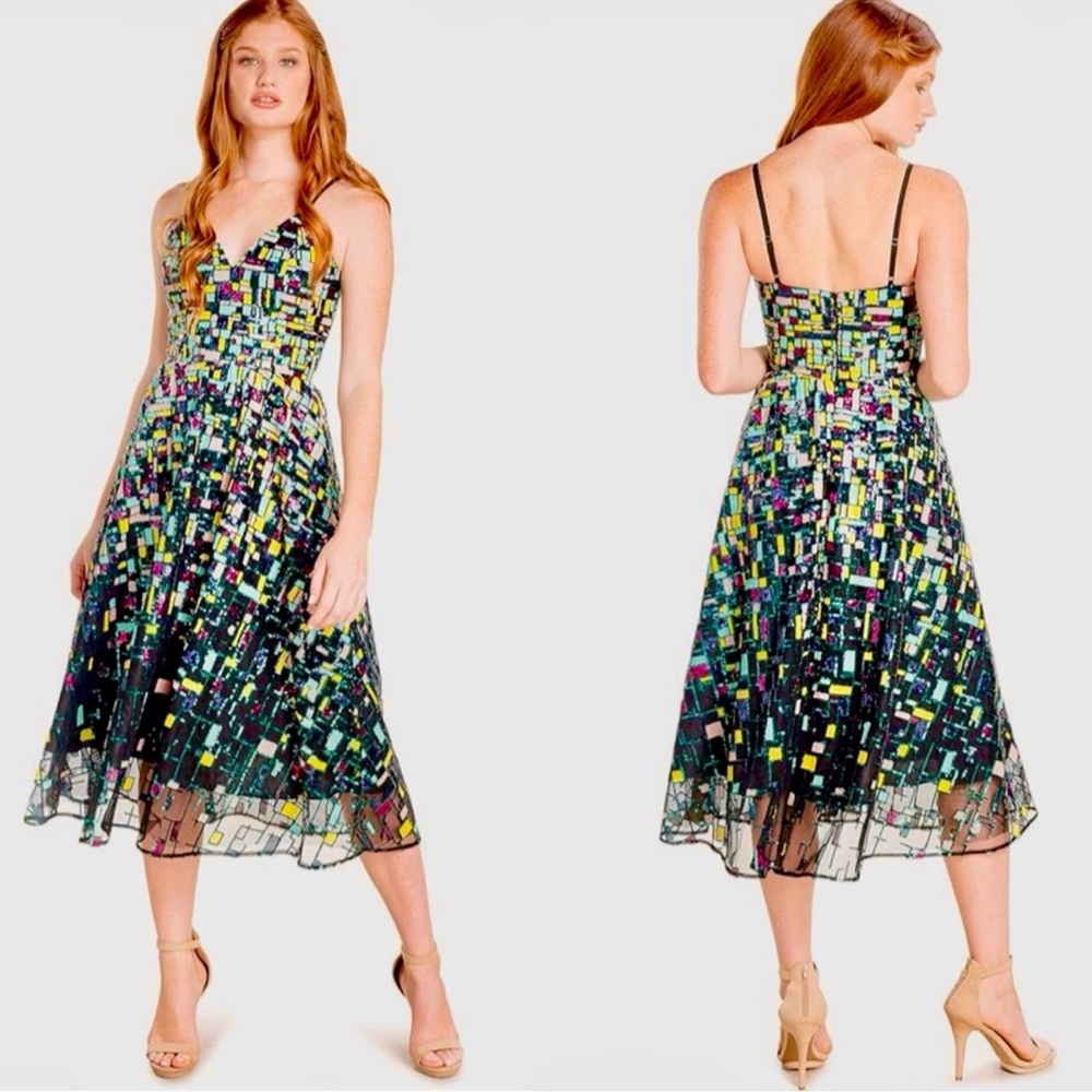Dress the Population Black Multicolor Geometric Midi Dress
